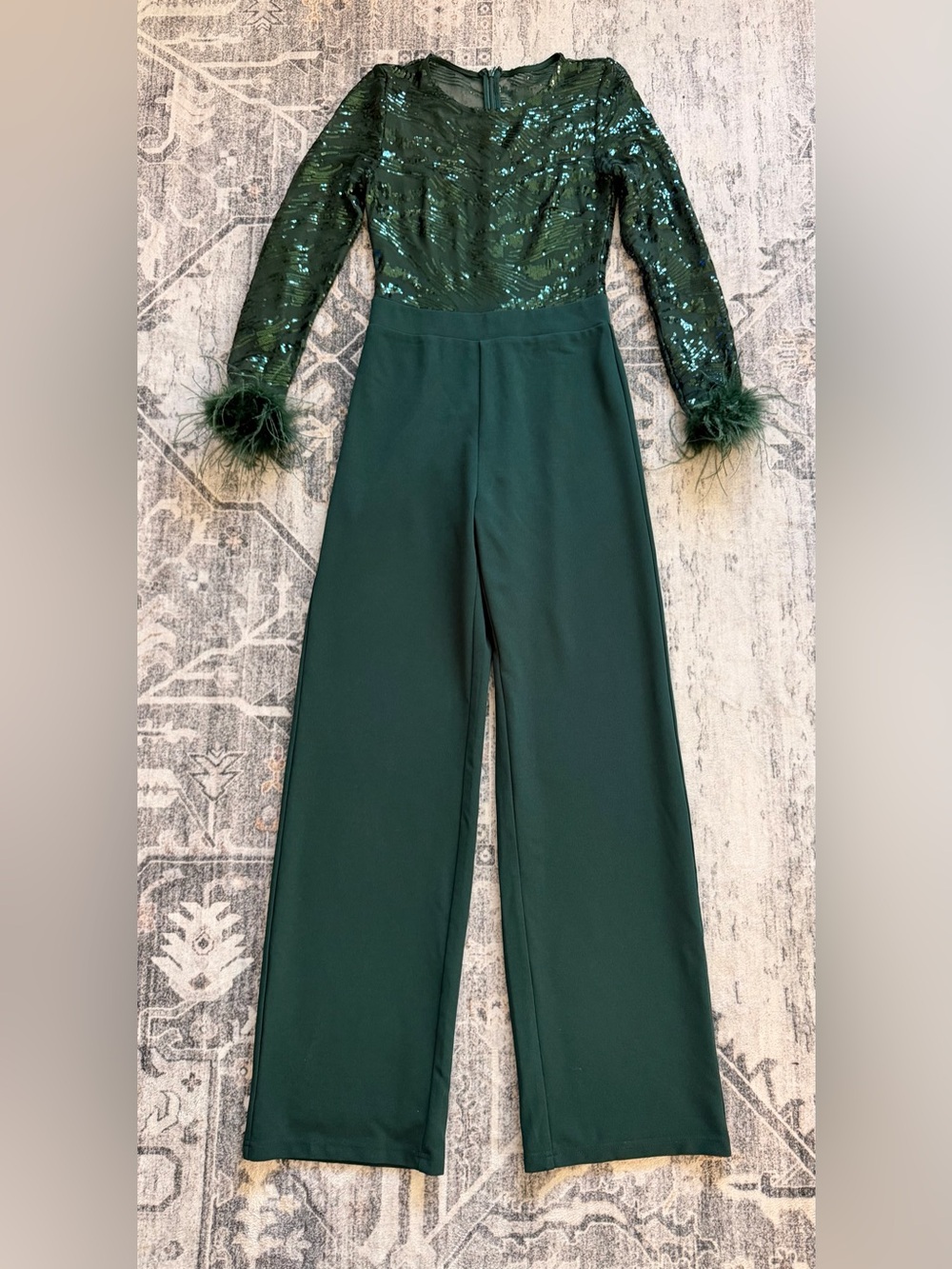 Lulu's Limitless Radiance Green Sequin Feather Wide-Leg Jumpsuit Worn One Night